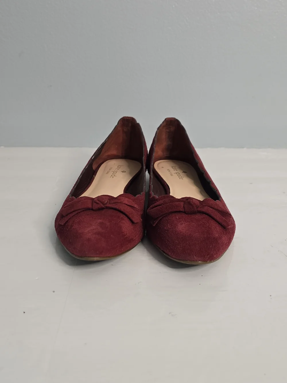 Kate Spade Eleni Flex Red Chestnut Suede Scalloped Bow Flats